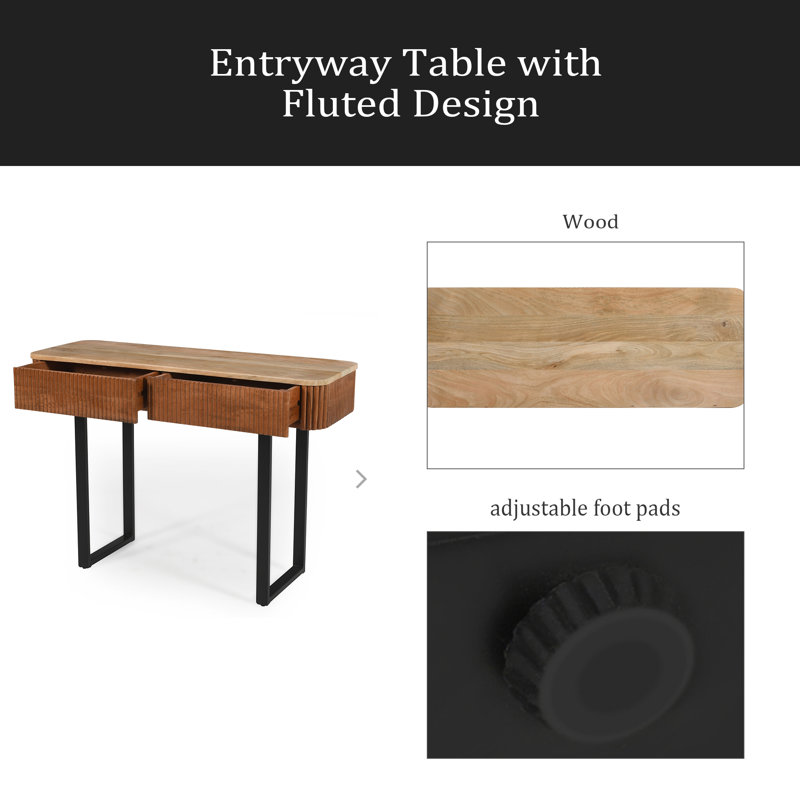 Table d'entrée en bois massif avec design cannelé, console rétro minimaliste avec rangement, table de canapé étroite avec pieds pour le hall d'entrée du salon