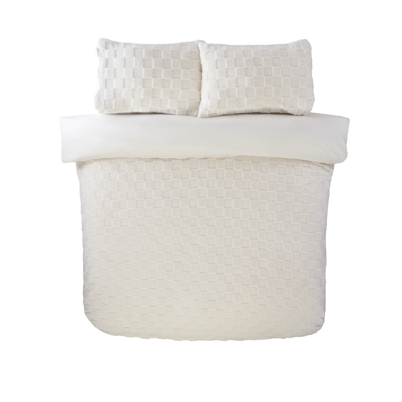 Luxury Check Teddy Fleece Polyester Chequered Duvet Cover Set with Pillowcases Included, Cream Chequered