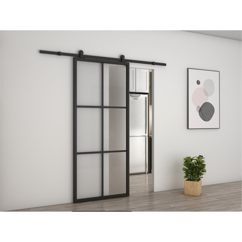 36 po X 84 po Porte de grange coulissante intérieure en verre noir givré 6-Lite avec trousse de quincaillerie