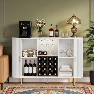 55" Mid-Century Modern Wine Bar Cabinet with LED Lights, Wine Rack & Glass Holder