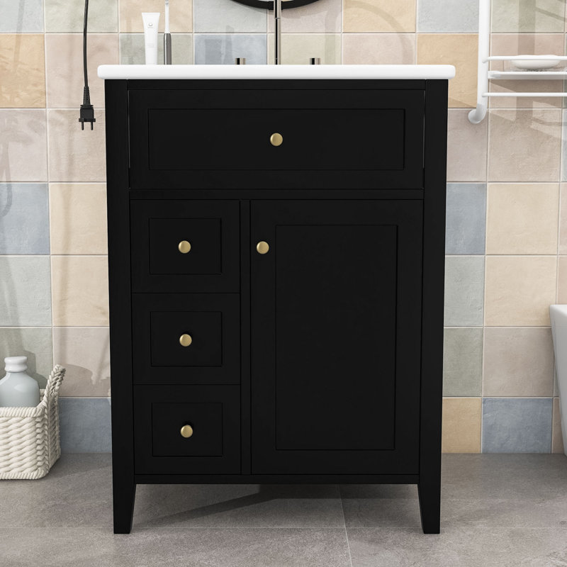 Meuble-lavabo en bois avec lavabo, tiroirs de rangement, tablettes et portes, Noir