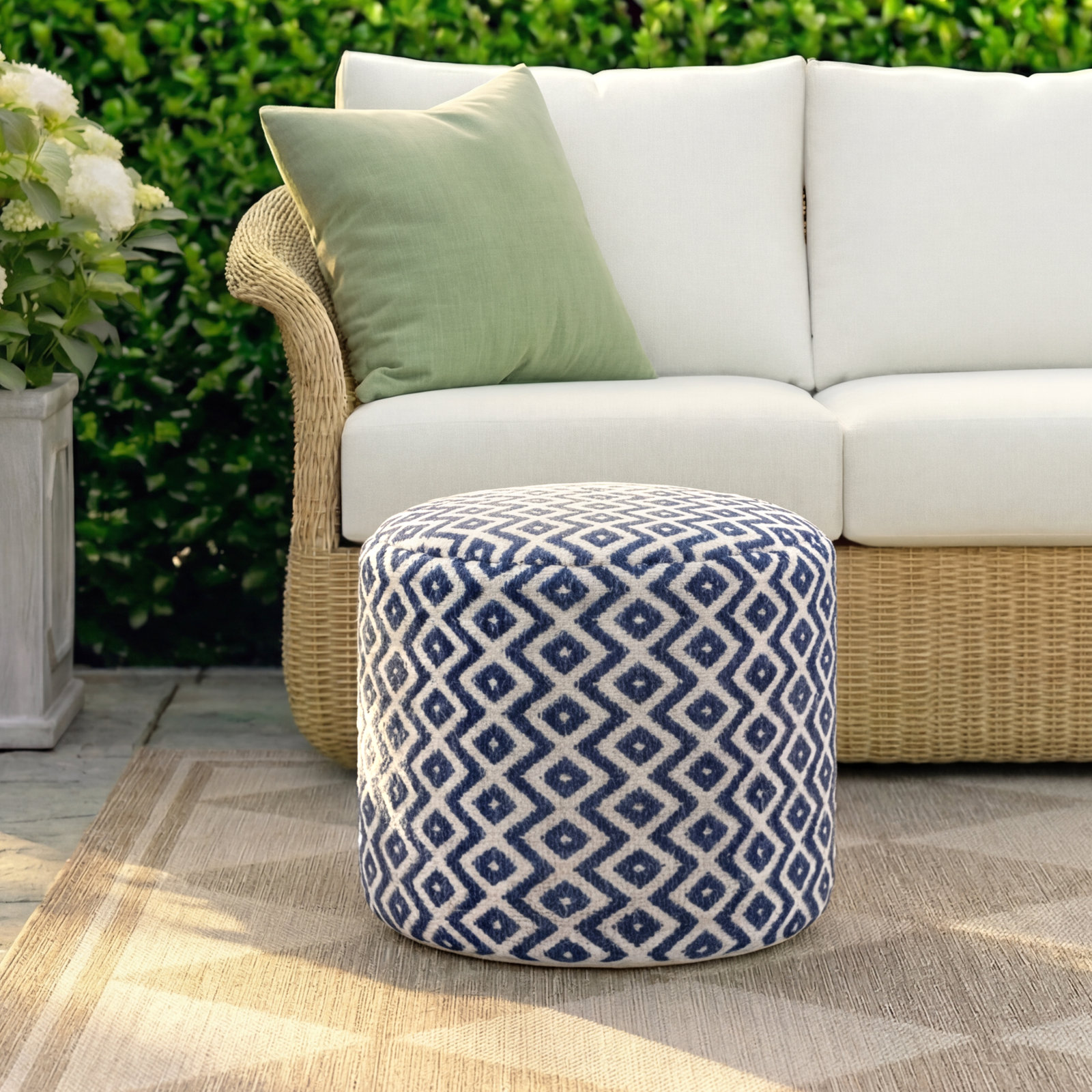 Destina Round Upholstered Outdoor Ottoman, Navy/Ivory Polyester