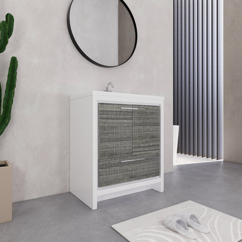 Ensemble de meuble-lavabo simple 29,6 po Eden, Blanc lustré/ bois de frêne gris