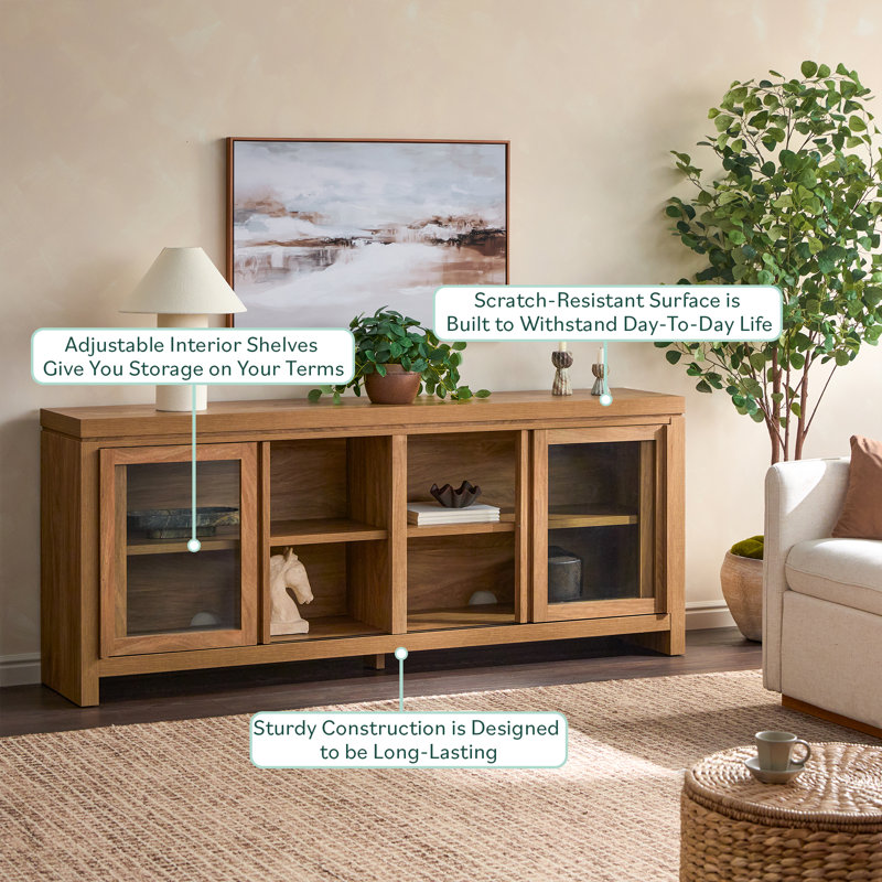 Bateson Modern Window Pane TV Stand/Sideboard with Sliding Doors, 74 Inch, Heritage Oak