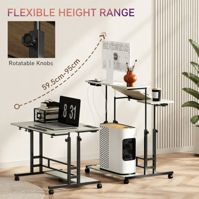 Bureau assis-debout mobile réglable avec station de charge intégrée et plateau inclinable pour une utilisation à domicile ou au bureau