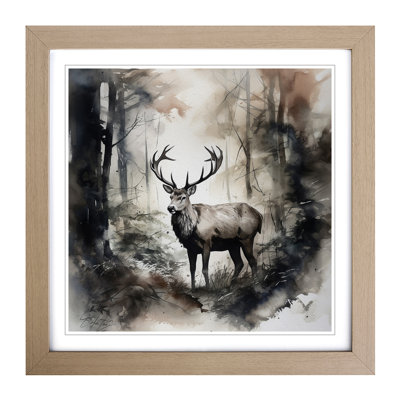 Stag In A Forest Ink No.1 - Framed Print