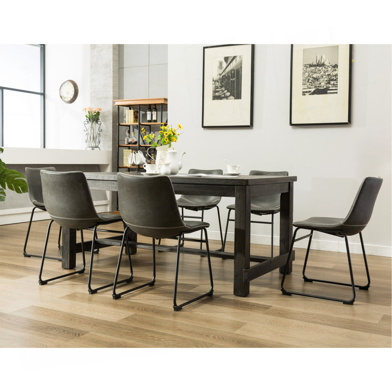 Ensemble de table de salle à manger 7 pièces en bois au fini noir antique avec 6 chaises en similicuir gris, Brun, Brun, Brun