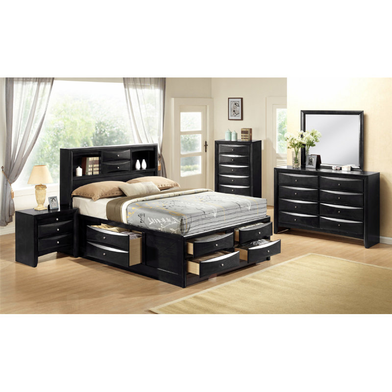 Contemporary Queen Captain's Platform Bed with Bookcase Shelves, Side Storage, and Solid Wood Construction in Black Finish