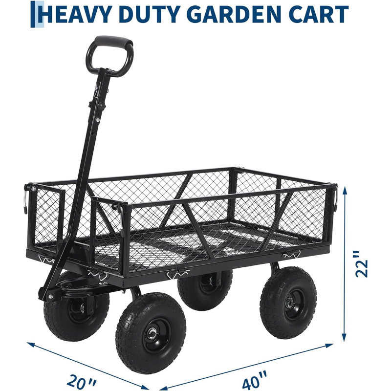 Chariot de jardin en acier robuste, chariot de jardin de capacité de charge de 950 lb avec pneu de 10 pouces et poignée rotative à 180 °