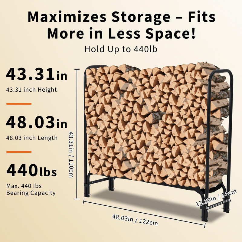 Support à bûches en acier robuste pour l'extérieur avec couvercle, grand support à bûches en acier pour patio / cour arrière, rangement en bois résistant aux intempéries avec conception ventilée, assemblage facile sans outils