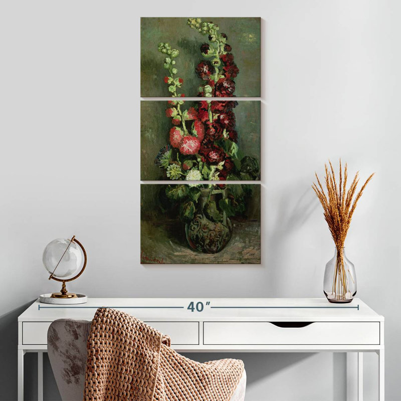 Vase de roses trémières, H 32 po x l 15 po
