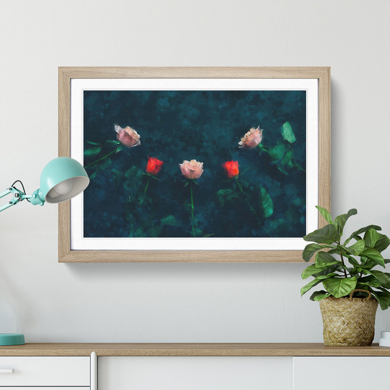 Laying with Pink and Red Roses - Picture Frame Painting Print, Oak Framed, 62cm H x 87cm W x 2cm D