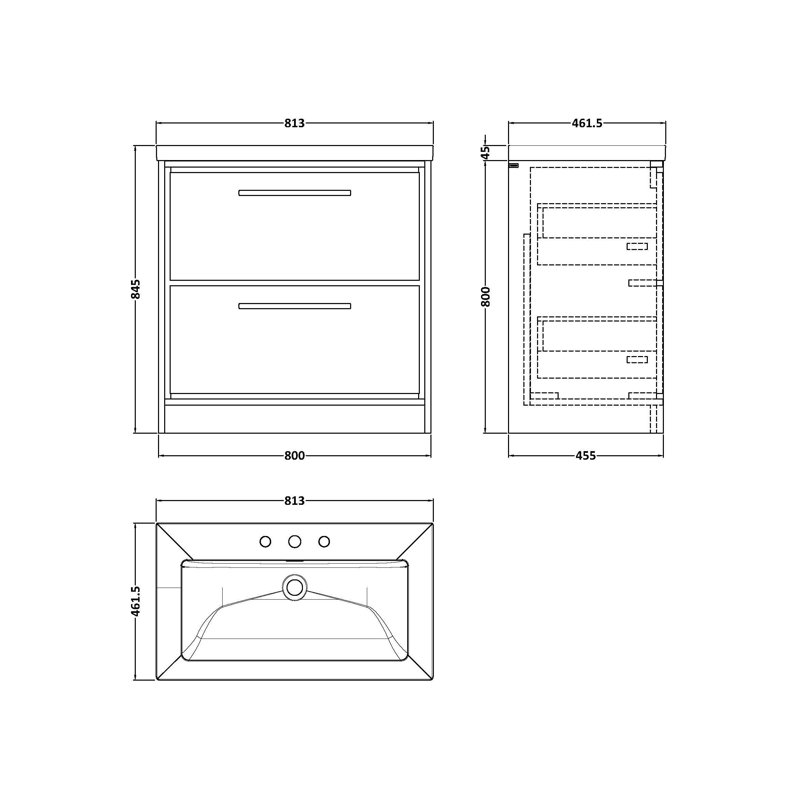 Hudson Reed Lille 600mm Fern Green 2 Drawer  Floor Standing Vanity Unit With 3 Tap Holes Fireclay Basin, Pebble Grey