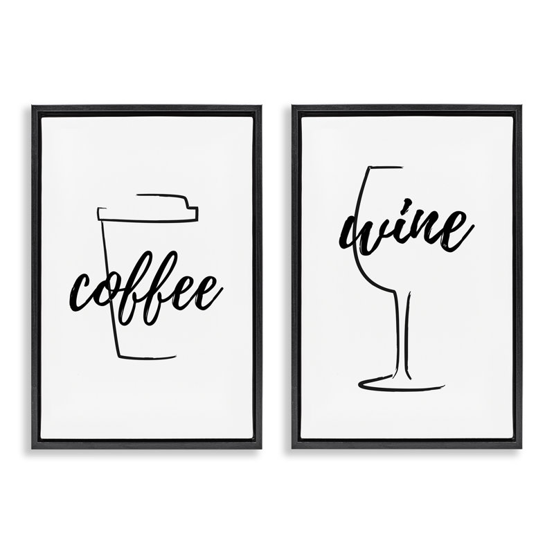 «Simple Coffee Wine Dessin», ensemble de 2 toiles flottantes encadrées noires par Martina Pavlova, H 31 po x l 21 po
