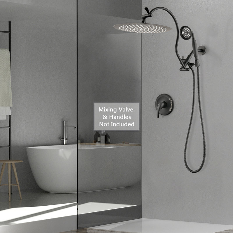 Rainfall Shower Head Swivel Extension Arm With Handheld Spray, Matte Black