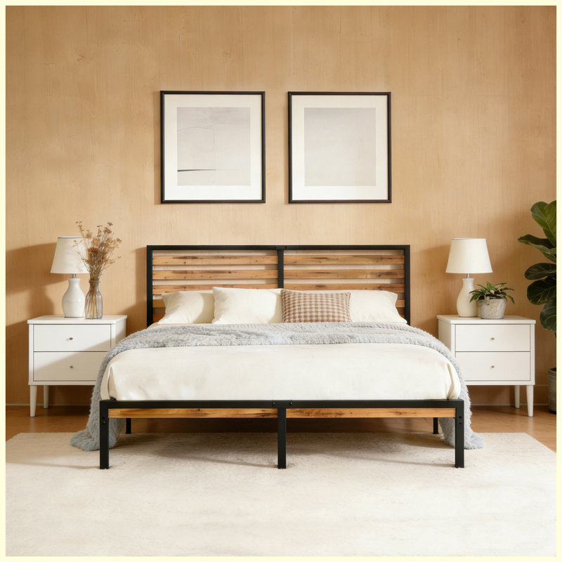 Structure de lit double avec tête de lit en bois, lit plateforme en métal robuste avec rangement sous le lit, support de lattes silencieux, aucun sommier requis, brun rustique et noir