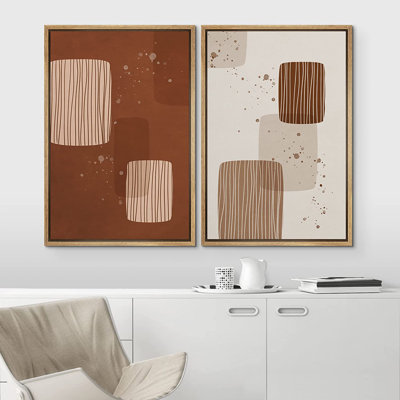 " Brown And Tan Striped Squares With Paint Splatter " 2 - Pieces