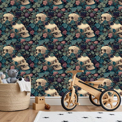 Papier peint adhésif peler et coller en PVC, revêtement mural auto-adhésif amovible avec crâne de jardin foncé, impression d'art en ligne, imperméable pour la décoration intérieure - rouleau