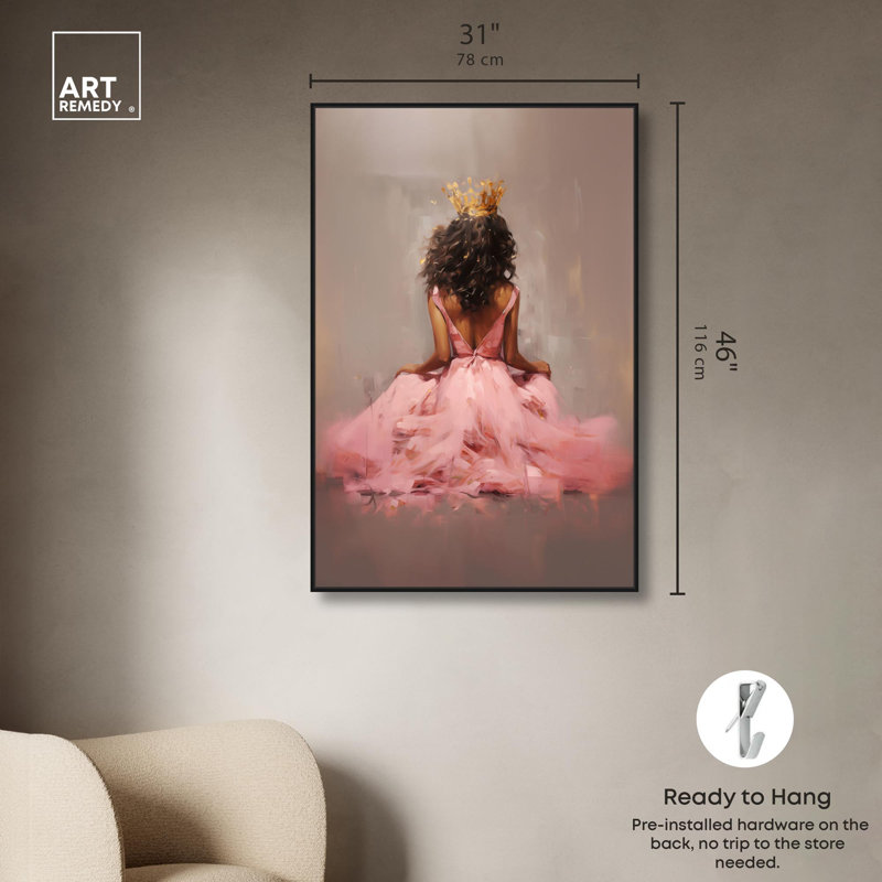 Princesse en toile rose, portrait ébène par Art Remedy, Cadre noir, H 46 po x l 31 po