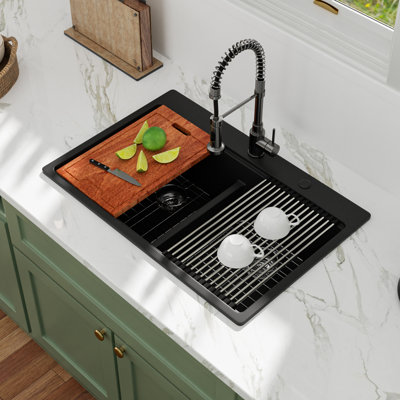 33" L x 22" W Quartz Drop-in Workstation Kitchen Sink, Granite Composite Double Bowl Low-divider Kitchen Sink with Sink Grid, Cutting Board, Strainer and Roll-up