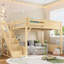 Lit mezzanine double en bois massif avec garde-robe intégrée, rangement et tablettes à côté, garde-corps pleine longueur et escalier, aucun sommier nécessaire, naturel-133491226-133491228