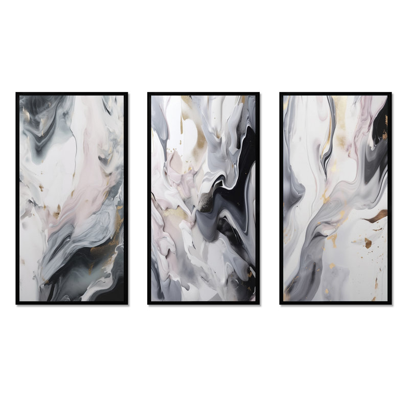 «White and Grey Ripples Of Stone», 3 pièces sur toile, Cadre flottant noir, H 40 po x l 60 po