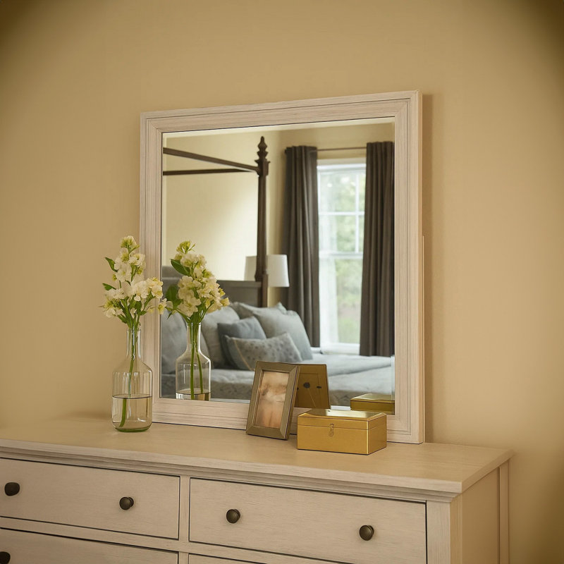 Miroir de commode Basil, verre biseauté, cadre blanc rustique 38 x 44