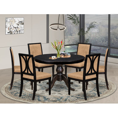 Table ronde 7 pièces et 6 chaises modernes en polyester avec dossier haut, noir sablage