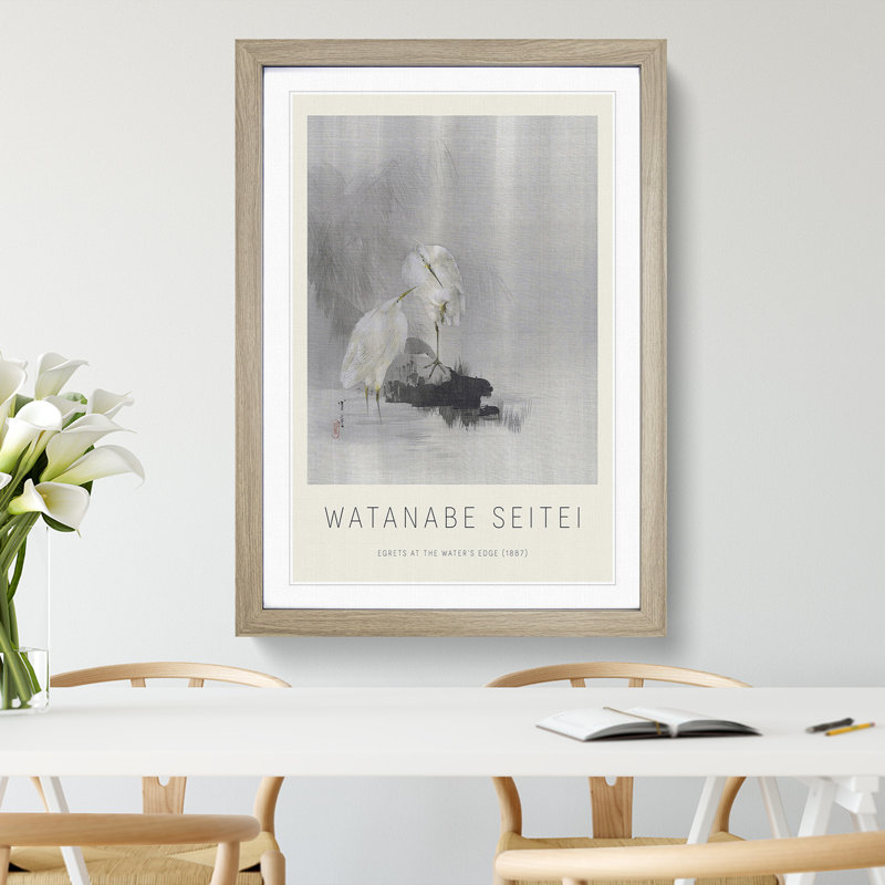Egrets At The Waters Edge by Watanabe Seitei - Single Picture Frame Print, Oak Framed, 36cm H x 27cm W x 2cm D