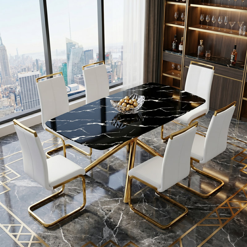 Modern Dining Set With Faux Leather Chairs, 7 Pieces: Table, 6 Chairs, White