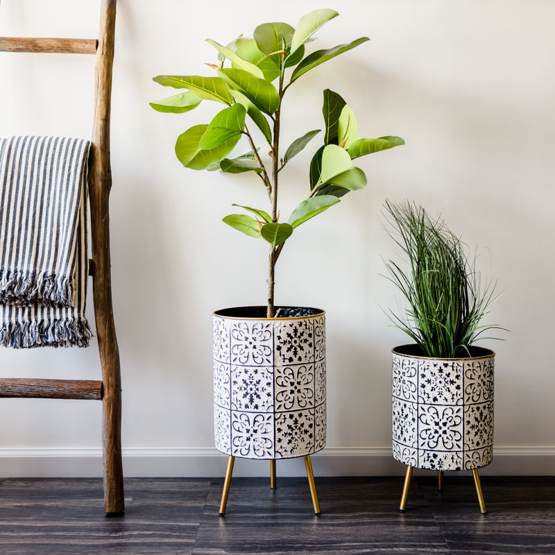 Bantu Round Metal Modern Indoor Pot Planter Set,  Black/White 