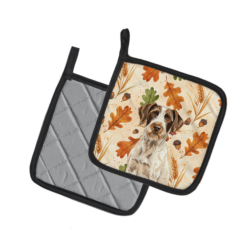 Liver and White German Wirehaired Pointer Heirloom Fall Pair of Pot Holders