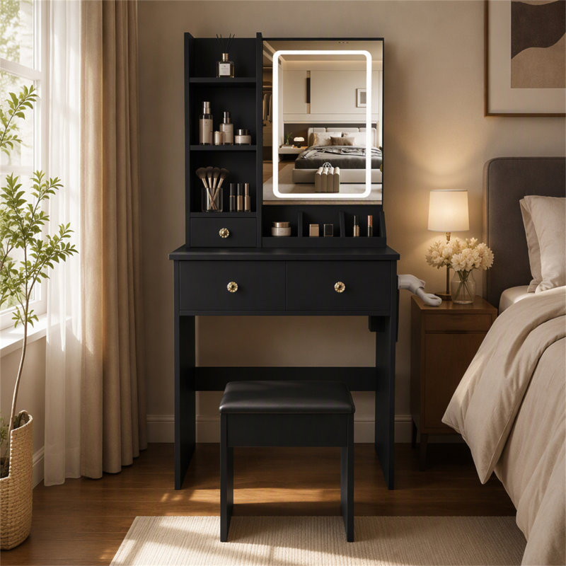 Bureau de coiffeuse avec tiroirs et tablettes de rangement, coiffeuse avec support pour sèche-cheveux et prise de courant, une coiffeuse