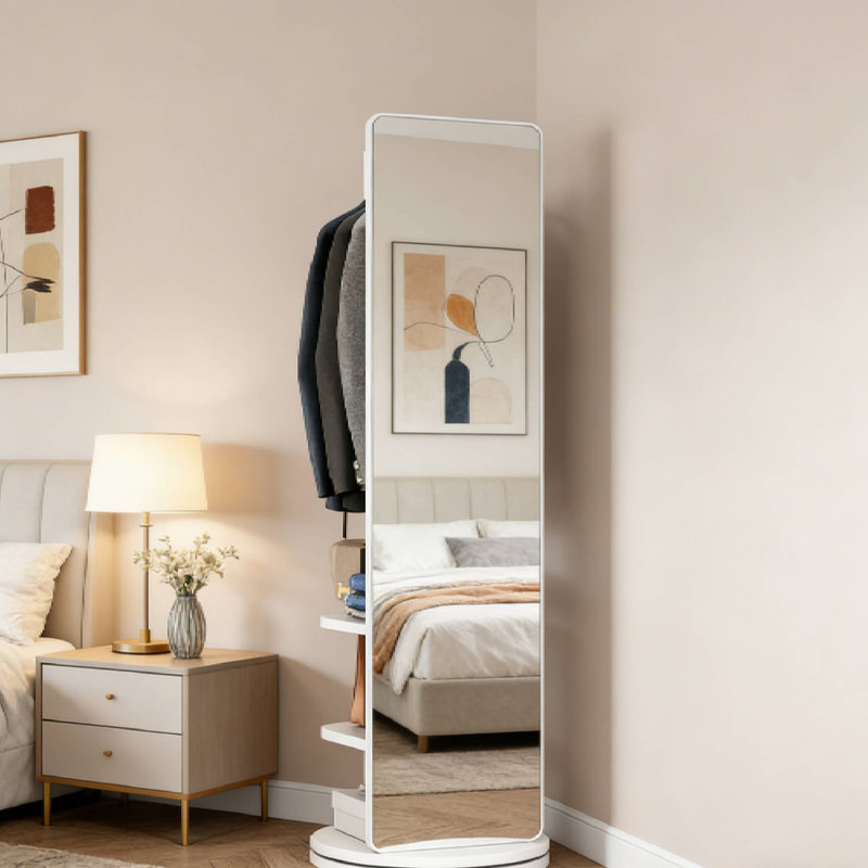 Portemanteau miroir blanc pleine longueur 69 po x 16 po, rotatif à 360 ° multifonctionnel pour économiser de l'espace, Blanc