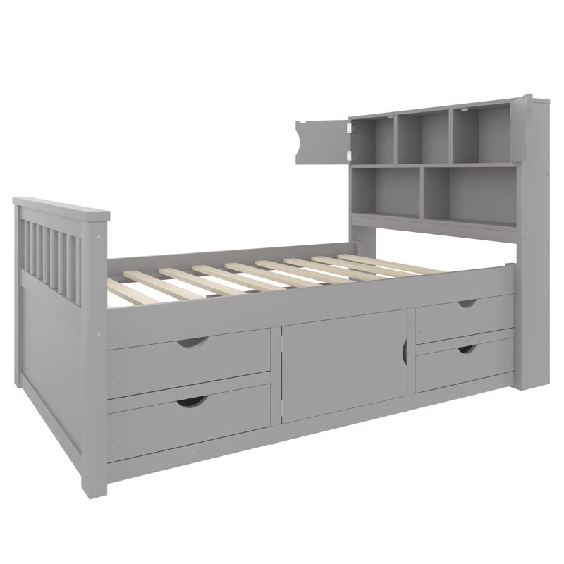 Structure de lit plateforme simple avec bibliothèques de rangement et tablettes, quatre tiroirs, Gris