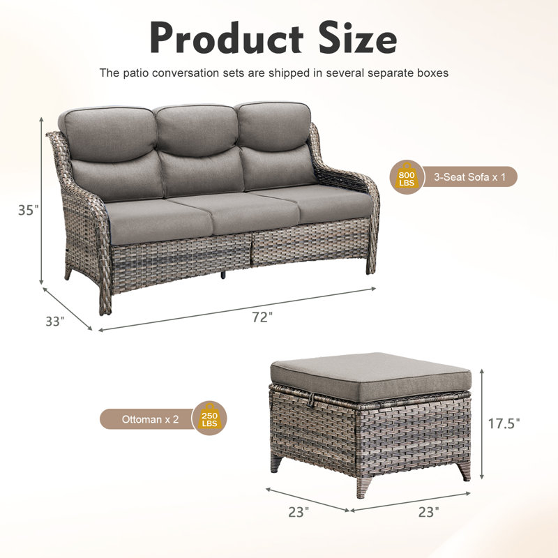 Outdoor Patio Sofa Set (3Pcs) With High-Back Design 5 " Thickened Cushions, Sofa Footstool, Patio Set, All-Weather Wicker Patio Furniture Set, Suitable For Balconies And Patios