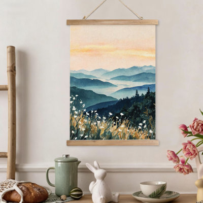 Misty Mountain Horizon, Hanging Scroll Wall Art, 16 X 24, Built-In Wooden Hanger