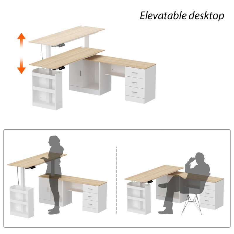 Bernarrdetta 63 W L-Shaped Lift Desk, White/Natural