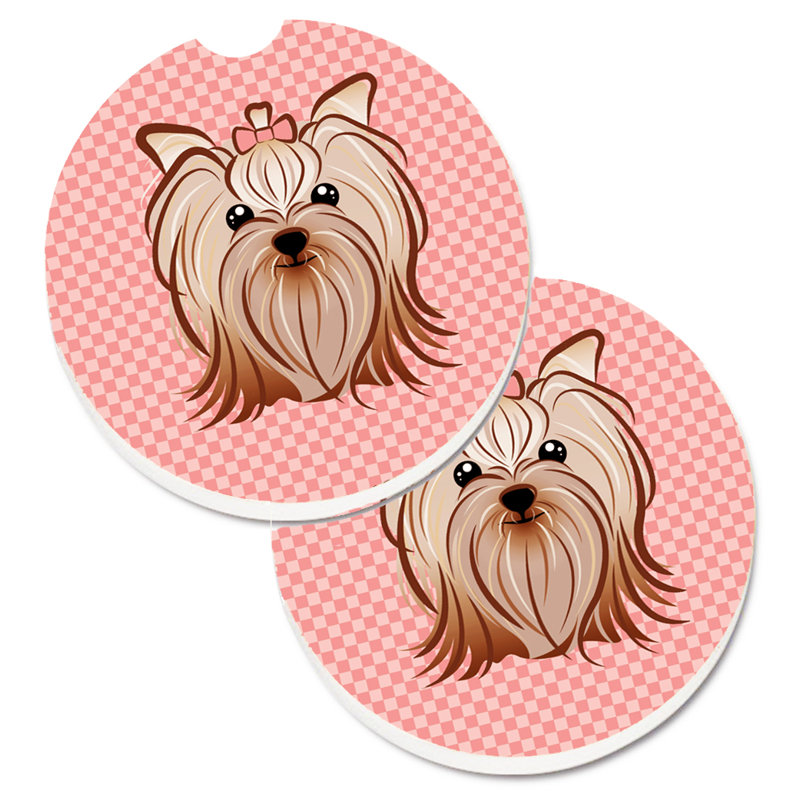 Ceramic Round 2 Piece Car Coaster Set, Pink, Yorkie Yorkishire Terrier