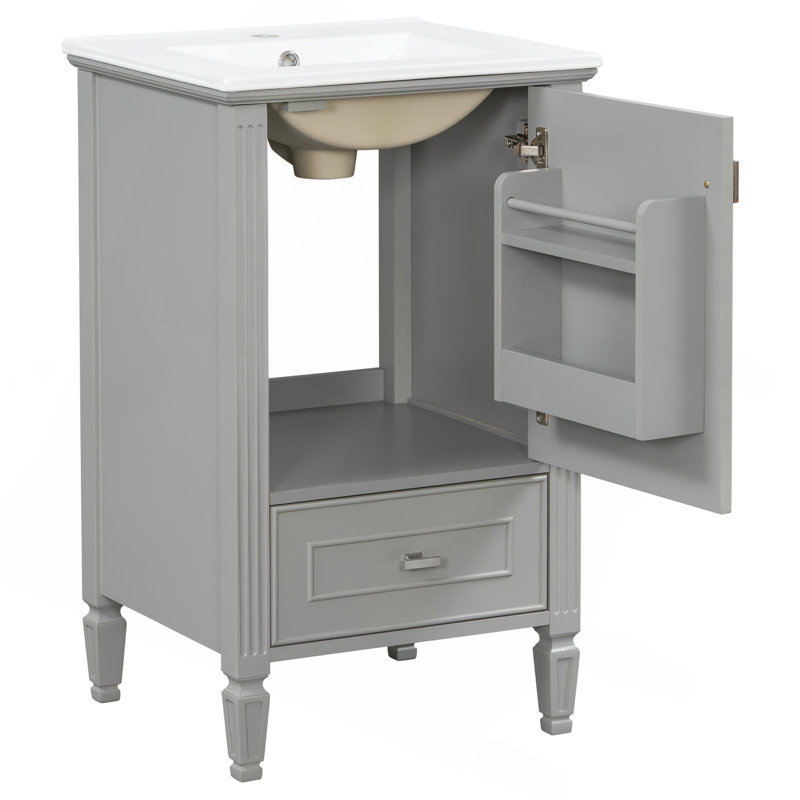 Meuble-lavabo de 20 po avec lavabo en céramique, pieds en bois massif, meuble-lavabo autoportant avec armoire de rangement, tiroirs et portes à fermeture en douceur, support de rangement