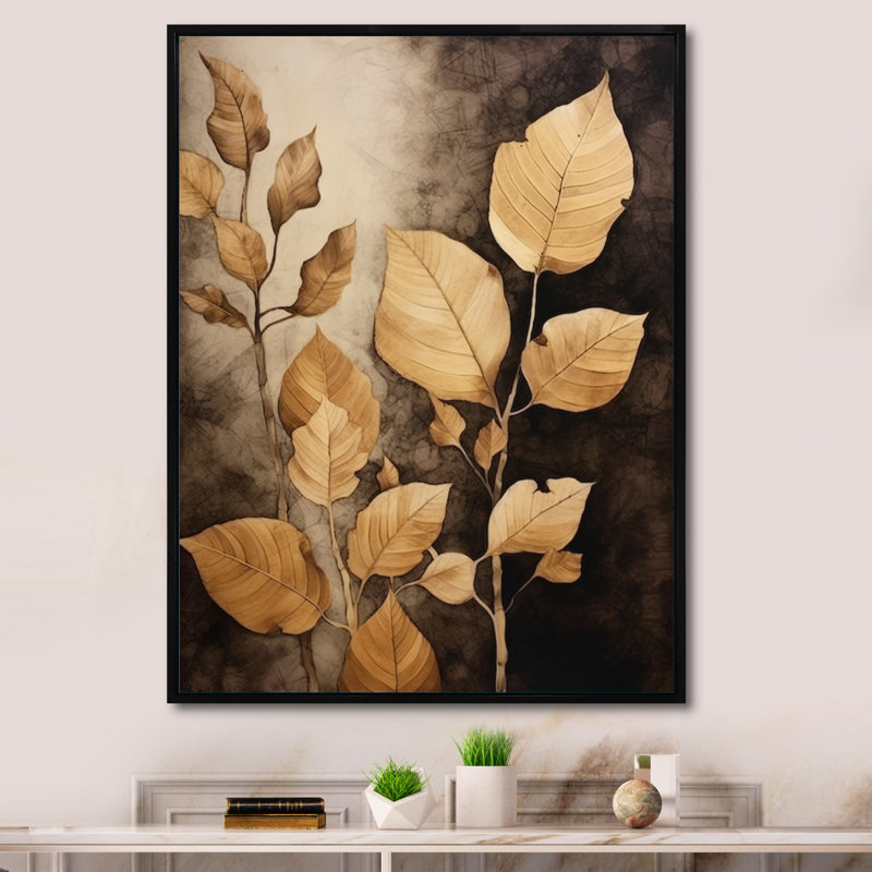 " Brown Beige Leafs Harmony VI ", Black Floater Framed, 32" H x 16" W x 1" D