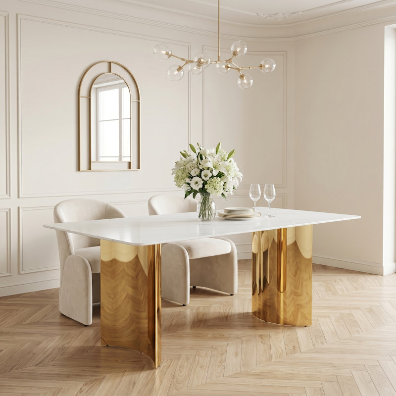 Maghan Metal Base Dining Table, 39.32" W x 71.01" L, White, Gold