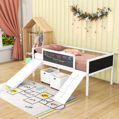 Twin Loft Bed With Climbing Frame, Slide, Chalkboard Panels And Storage Boxes
