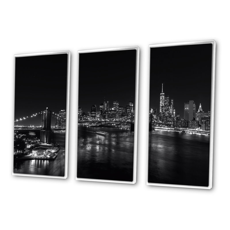 Noir, blanc, image de l'horizon de Manhattan - ensemble d'art mural encadré colonial sur 3, H 20 po x l 36 po, Blanc