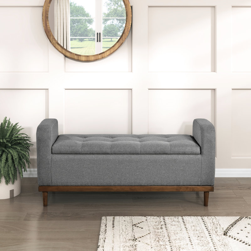 Banc de rangement de style Mid-Century avec plateau relevable, revêtement gris, rangement en bois de noyer massif, revêtement texturé