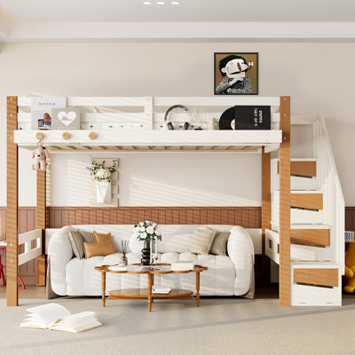 Lit mezzanine en bois avec crochets, rails et escaliers pour enfants Elevate