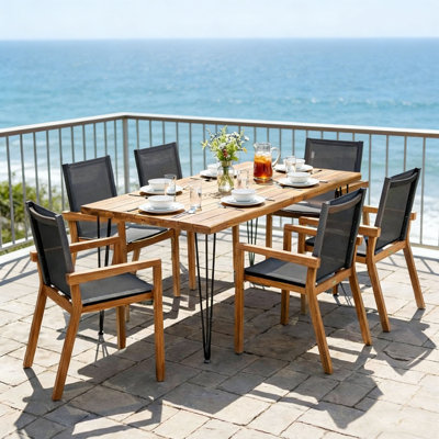 7 Pieces Wood Outdoor Dining Set with 6 Chairs and 1 Large Table