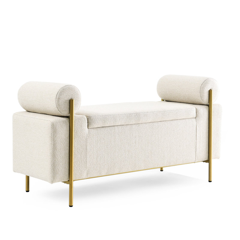 Upholstered Linen Storage Bench In Beige With Cylindrical Arms And Iron Leg Frame For Living Room Bedroom Hallway Elegant Construction