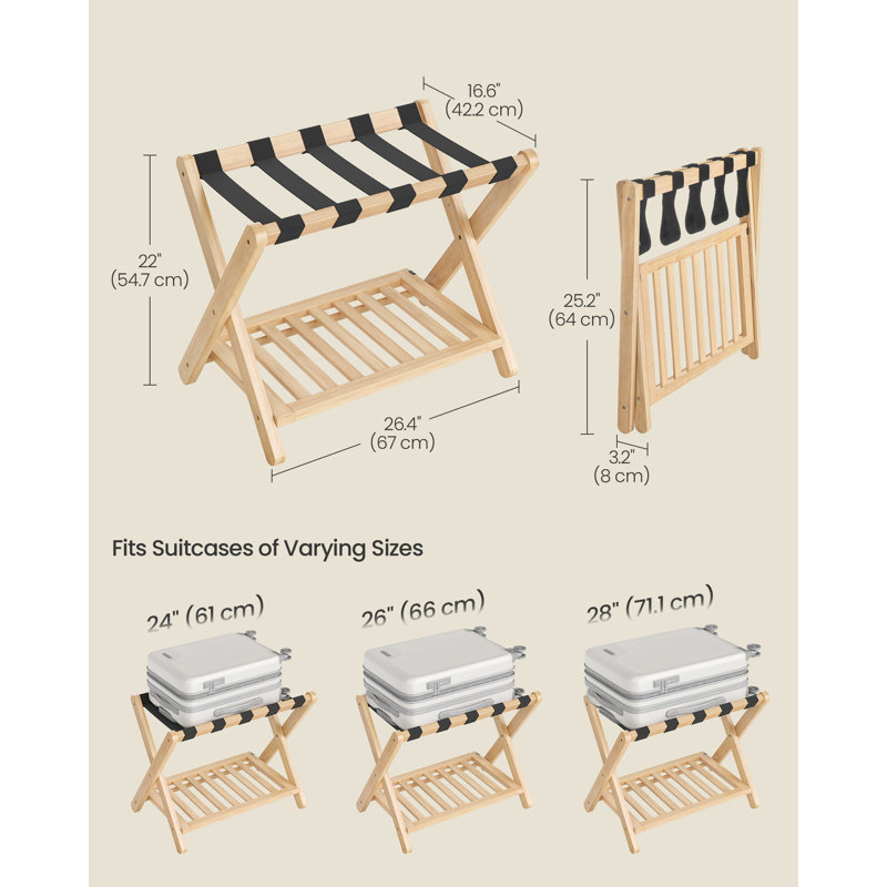Porte-bagage en bois massif, aucun assemblage requis, support de valise pliable, porte-bagage, avec tablette de rangement, pour chambre d'amis, hôtel, chambre à coucher