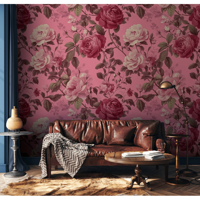 Papier peint amovible floral romantique sur fond rose romantique, L 48 po x l 38 po